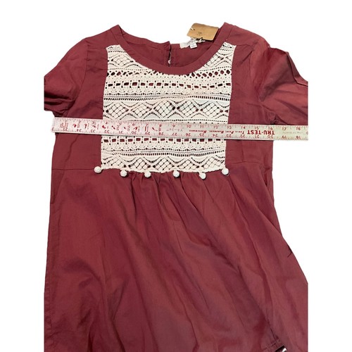 Umgee Dark Rust/Brown 3/4 Sleeve Top with Ivory Lace and Pom Poms Size Small - Picture 4 of 8