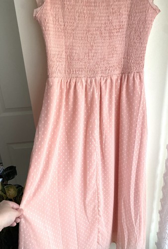 NWT Pink Smocked Flutter Sleeve Midi Dress Cottage Fit Flare Ruffle Coquette - Picture 7 of 9