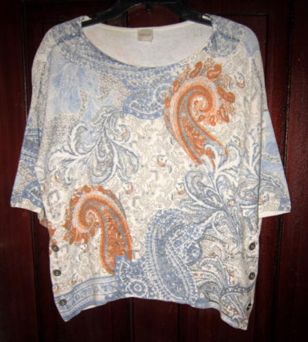 Chico's Sz 2 3 L XL Knit Top Blouse Shirt Paisley Print 3/4 Sleeve Side Buttons - Picture 1 of 3
