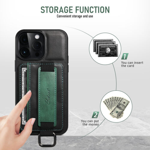 FR iPhone 15 16 Pro Max 16 Pro Leder Kartenetui Slim Wallet Case mit Armband - Bild 12 von 40