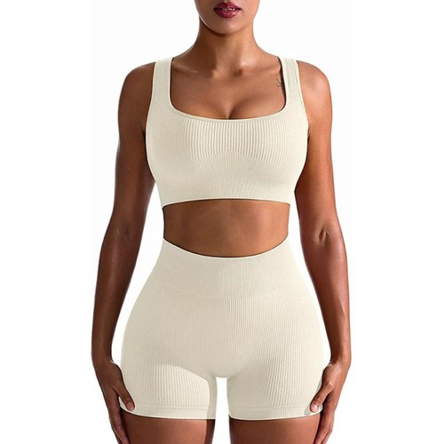 Seamless Ribbed Women Workout Outfits Yoga Leggings Sets Running Fitness - Picture 8 of 14