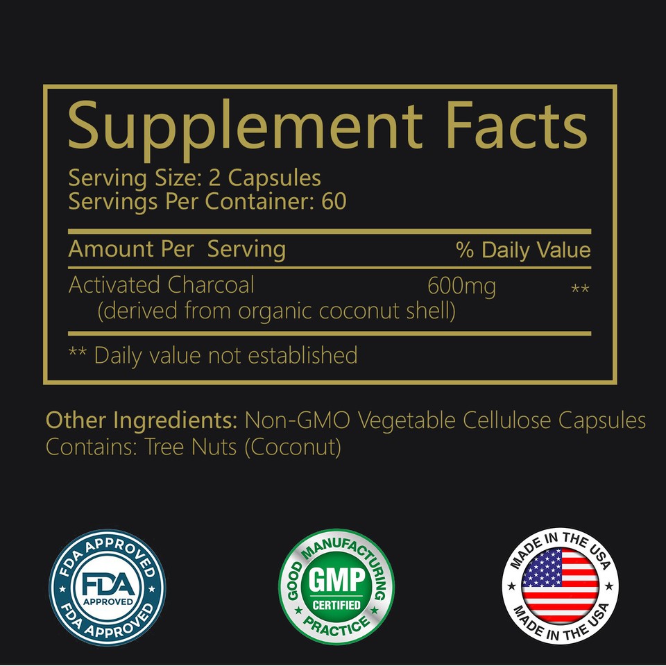 Activated Charcoal Capsules 600mg Highly Absorbent, Relieve Gas and