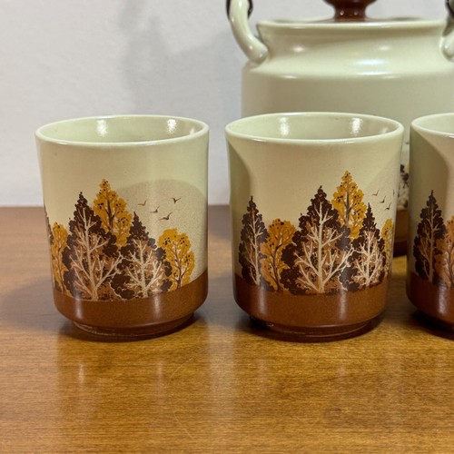 Otagiri Japanese Tea Set Pot and 4 Cups Sake Autumn Trees Vintage Japan - Picture 3 of 13