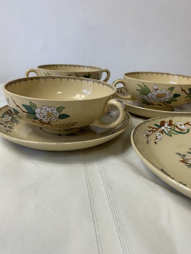Wedgwood Etruria England 3 Suppenschalen 5 Untertassen Set Antik Blumen Vogel Creme - Bild 3 von 10