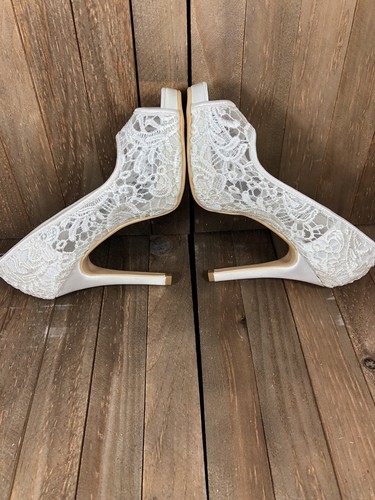 Bridal Wedding Shoes Size 6 High Satin Heels White Peep Toe See Thru Lace Uppers - Picture 11 of 14