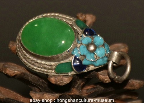 1.6" Old Chinese Dynasty Silver Cloisonne Inlaid Green Gem Pendant Amulet - Picture 5 of 9