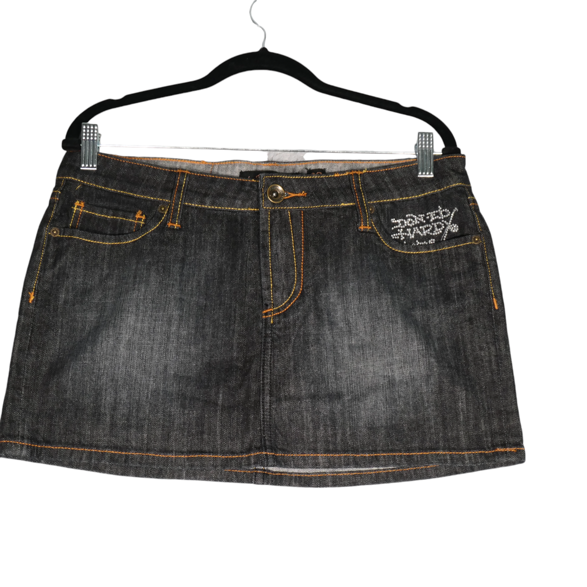 【Anyone more】Damage Vintage Black Blue Denim Mini Skirt Vintage Ed Hardy Denim Mini Skirt Womens 29 Dark Blue Spell