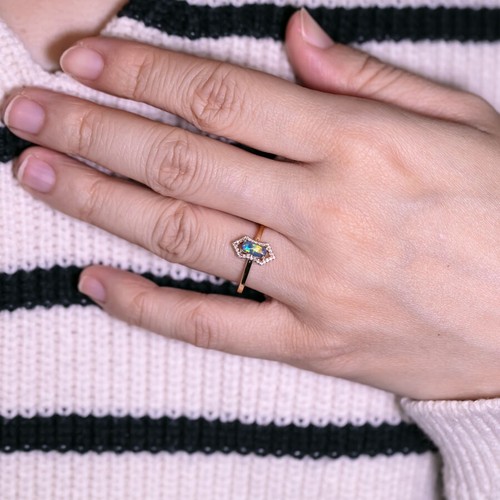 Ethereal Prism - Halo Diamond Australian Black Opal Engagement Ring 18K Gold - Picture 3 of 12