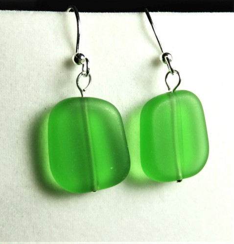 SHAMROCK GREEN Cultured sea glass Handmade with silver drop earrings 3/4" - Picture 2 of 3