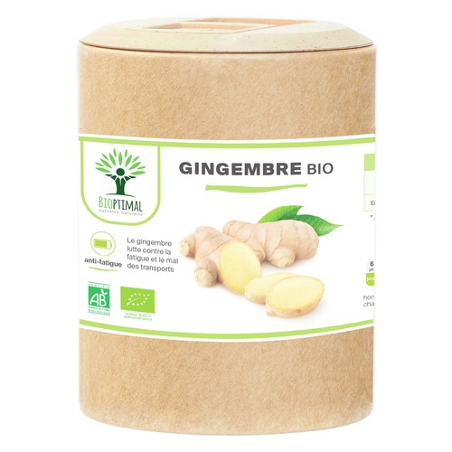 Gingembre Bio - Bioptimal - Energie Mal des transports Digestion - 200 gélules - Photo 1/11