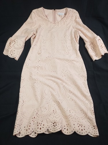 Calvin Klein Blush Pink Dress Laser Cut Outs 3/4 Sleeve Size 10 Scalloped Edge