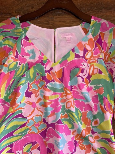 VESTIDO LILLY PULITZER 2 FLAMENCO LULU CARLEIGH 100% seda funda mangas transparentes - Imagen 2 de 7