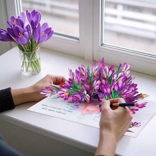 3D Pop Up lila Blumen Grußkarte, jeder Anlass, Laser geschnitten, handmontiert - Bild 6 von 7