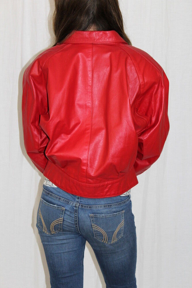 Vintage 80s Chic RED Leather Oversized Short Retro Bomber Club Jacket Coat M Vintage 80s Chic RED Leather Oversized Short Retro Bomber Club Jacket Coat M