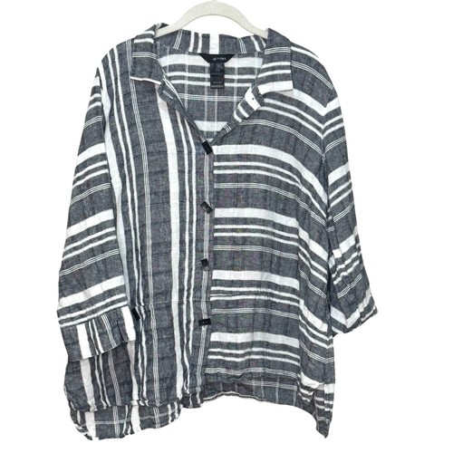 Top túnica Ali Miles para mujer talla 1X lino negro gris blanco rayas botones artístico - Imagen 1 de 8