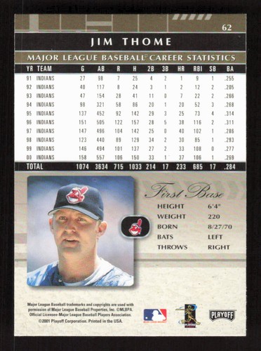 2001 Playoff Absolute Memorabilia #62 Jim Thome Cleveland Indians - Picture 2 of 2