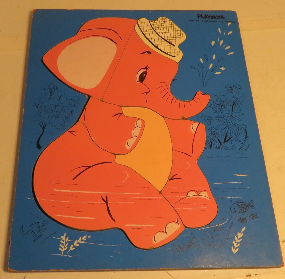 Vintage Blue Playskool 275-36 Pink Elephant Wooden Puzzle Wood Tray 7 pc Used - Image 2 of 4