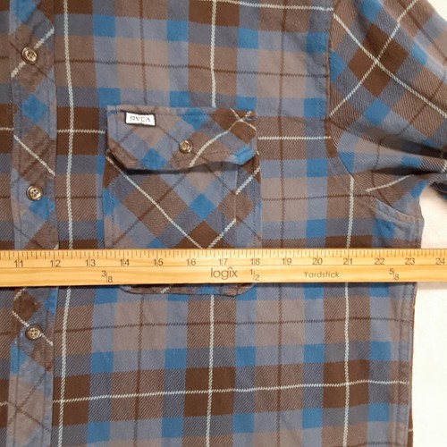 RVCA Winston LS Snap Button Flannel Shirt Sz.XL/Blue Brown Plaid/Elbow Patches - Picture 8 of 11