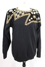 Vtg 80s Spree Intl M Black Lambswool Bead Sequin Shoulder Pullover Sweater Flaws