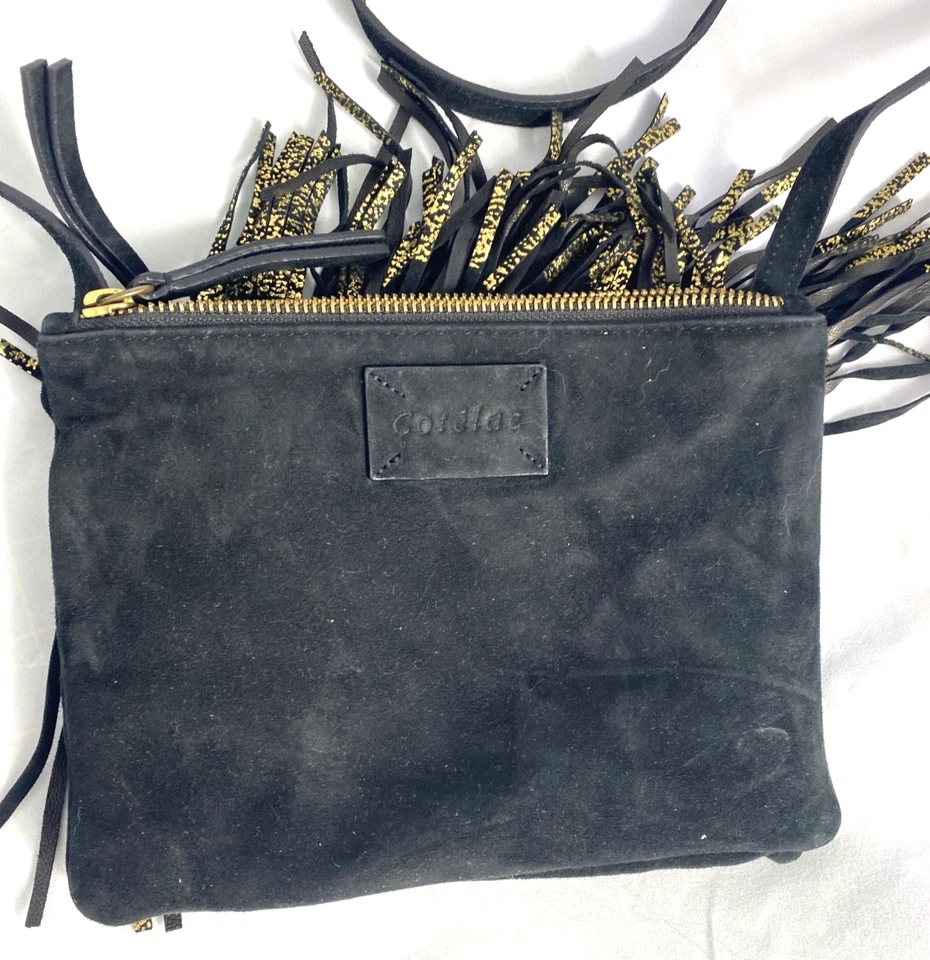 Черный, золотой бахромой замши кожи дизайнерский Cotelac крест тела молнии верхняя сумка 8 «x 6» - Изображение 2 из 4