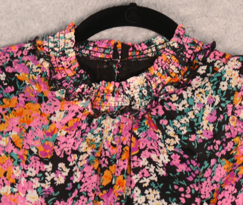 1 State Minikleid Damen XL schwarz rosa Blumen gesmokte Taille kokette Rüschen - Bild 4 von 13