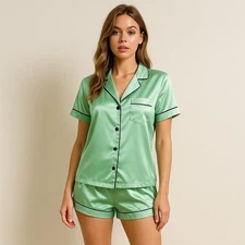 Two-Piece Set Women's Solid Contrast Binding Satin Pyjamas, Short Sleeves