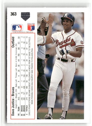 1991 Upper Deck #363 Dave Justice Atlanta Braves - Imagen 2 de 2