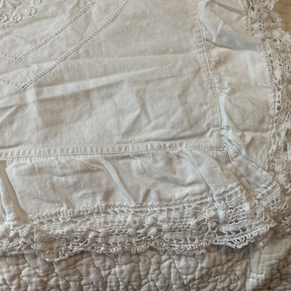 Delicate Intricate  Vintage French Hand Embroidered  Linen Sham 28x27 Mono MNNW - Image 4 of 4
