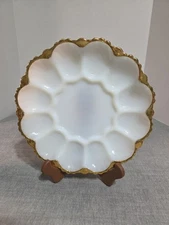 Vintage Anchor Hocking Deviled Egg Plate White Milk Glass Gold Trim 12 Eggs Tray