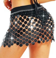 Aukmla Sparkly Sequin Chainmail Mini Skirt Dots Belly Dance One Size, Black