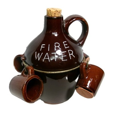 Amusing Vintage Hillbilly  Fire Water  Brown Pottery Jug & Shot Glass Mug Cups