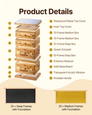 New Bee Hive 40 Frame Bee Hives Starter Kit, Beeswax Coated Fir Wood, 2 Deep +