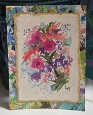 ACEO Original Art Painting Flowers Floral  Mixed Media Abstract OOAK ATC Mini 