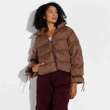 Women's Bow Puffer Jacket - Wild Fable Brown Gingham Check M