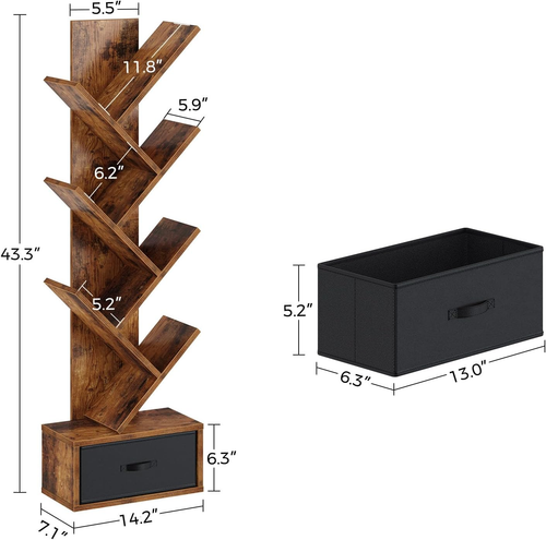 Bookshelf with Drawer, 7 Shelf Tree Bookshelf, Wooden Bookshelves Storage Rack f - Picture 3 of 12