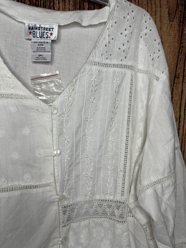 Main Street Blues Women’s 100% Cotton Tunic-Flare Lace Sleeve-White, NWT~Sz 22W - Picture 2 of 11