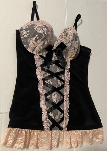 Aimerfeel Lace Lingerie Corset Sz Med Black & Pink Lace-up Padded Boning Sexy - Picture 4 of 12