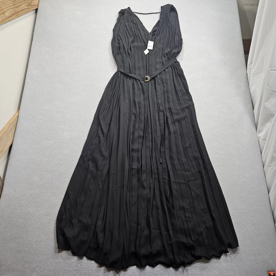 Ann Taylor Pleated Maxi Swing Dress Women Large Black Accordian Toga Deep Plunge - Image 4 of 4