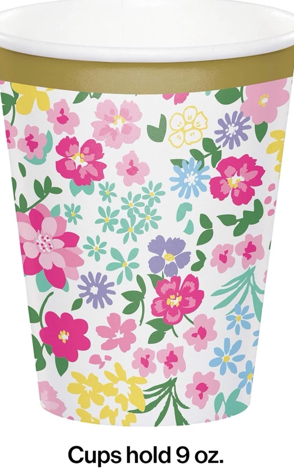 Paquete de 8 tazas de papel frías/calientes florales para fiesta de té de 9 oz vajilla para fiesta de cumpleaños Foto 2 de 2