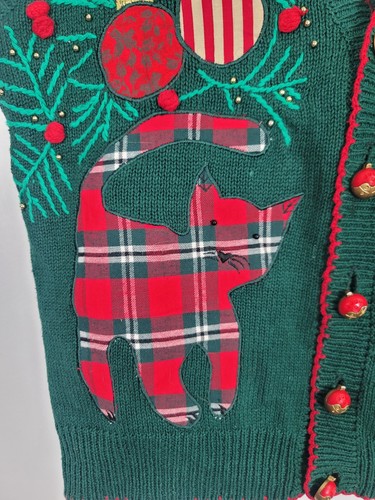 Vintage Belle Pointe 3D Katzen verziert Strick Weihnachtspullover Gr. Small Knopf  - Bild 6 von 13