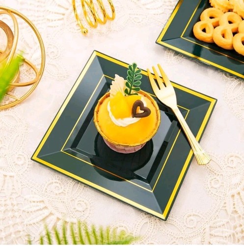 WDF 200PCS Green and Gold Plastic Dessert Plates with Plastic Forks -6’’ 100... - Picture 7 of 7