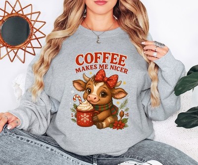 Coffee Makes Me Nicer Cute Cow Damen Sweatshirt Kaffeeliebhaber Damen Pullover