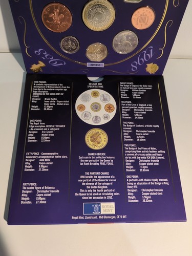 1998 ROYAL MINT UK BRILLIANT UNCIRCULATED 9 COIN COLLECTION SET PACK BUNC 1p-£2 - Picture 3 of 5