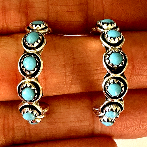 Türkis Creolen Indianer Ohrringe 1,25 in 925 Sterling Silber Zuni - Bild 2 von 7