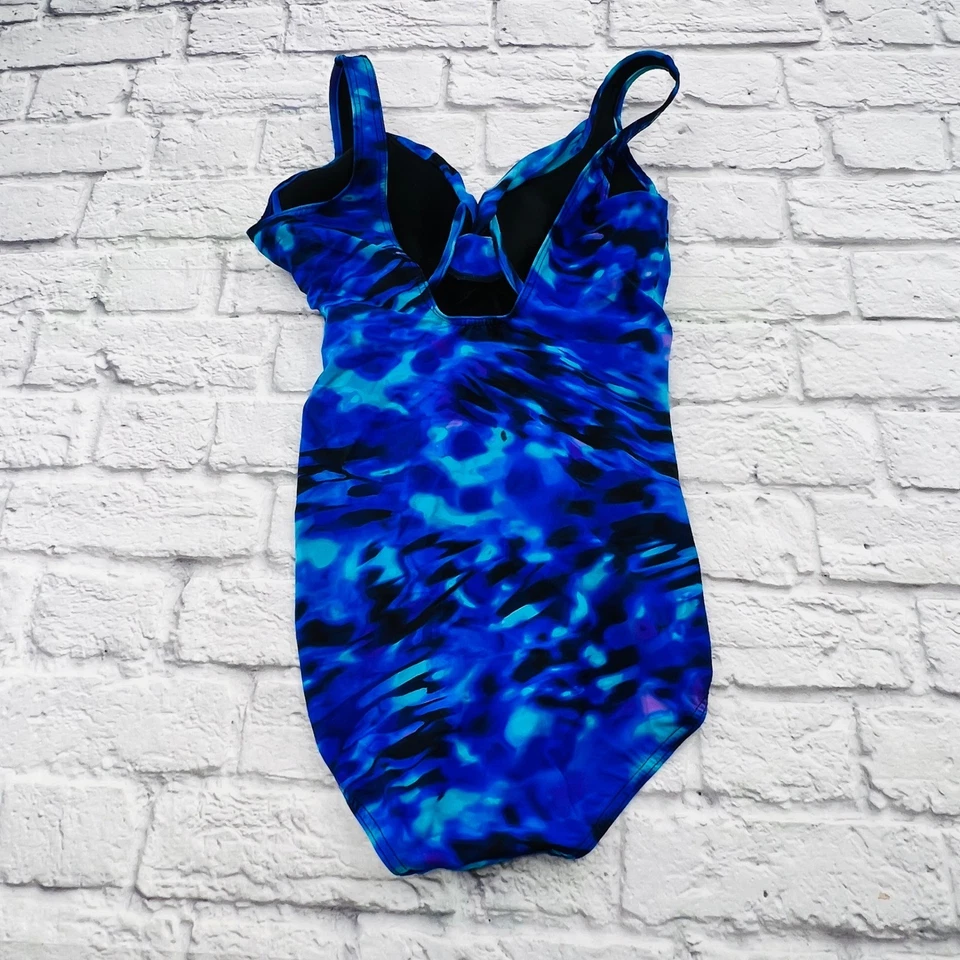 Miracle Suit Blue Tie Dye One Piece Swimsuit Size 12 V Neck Ruched Tummy Control - Image 4 of 4