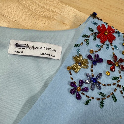 Mac Duggal Blue Beaded Cap Sleeve V Neck A Line Gown Size 16 GUC Side Slit - Picture 3 of 13