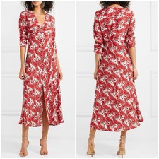 Rixo London Womens Large Red Floral Crepe Katie 3/4 Sleeve V-Neck Midi Dress