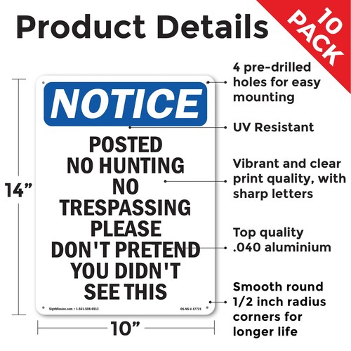 Posted No Hunting No Trespassing OSHA Notice Sign Metal, Decal - 5 or 10 Pack - Picture 2 of 43