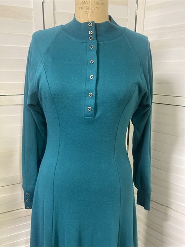 Vintage Together! 80s Women's Medium Knit Cotton Green Dress Maxi A Line USA - Picture 2 of 9
