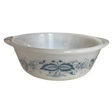 Vintage Glasbake Milk Glass Blue Onion Round Ovenware Casserole j 2600 8" 2 Qt